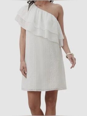 TRINA TURK NWT Phebe One-Shoulder Tier Ruffle White Eyelet Mini Dress Classy XXL